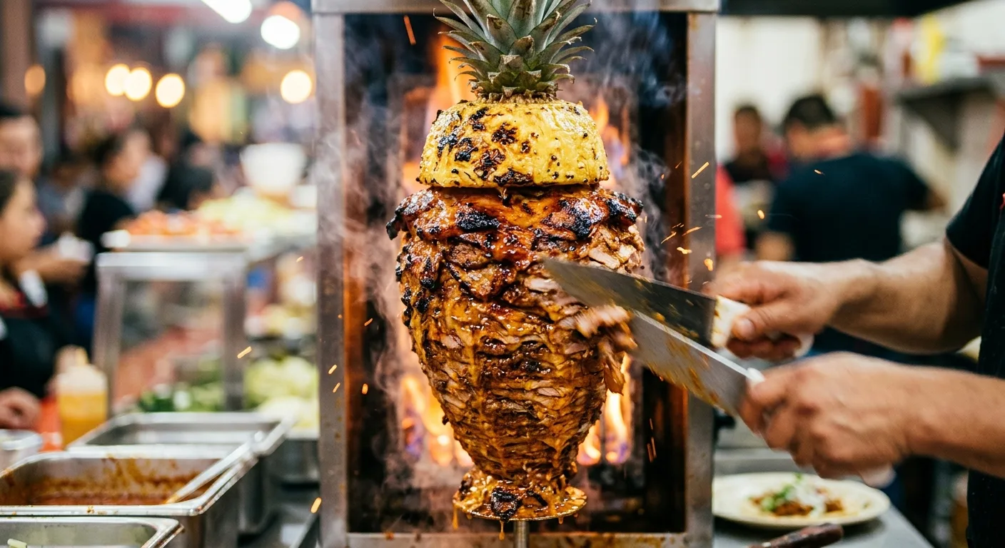 Tacos al pastor with pineapple, onion and cilantro on corn tortillas